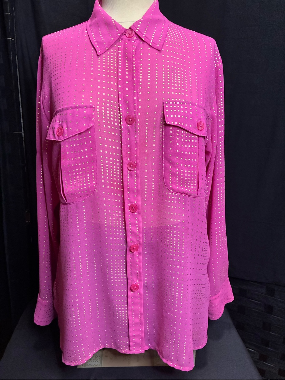 Ellen Tracy Hot Pink Long-Sleeve Button-Down Shirt with Metallic Dot Detail